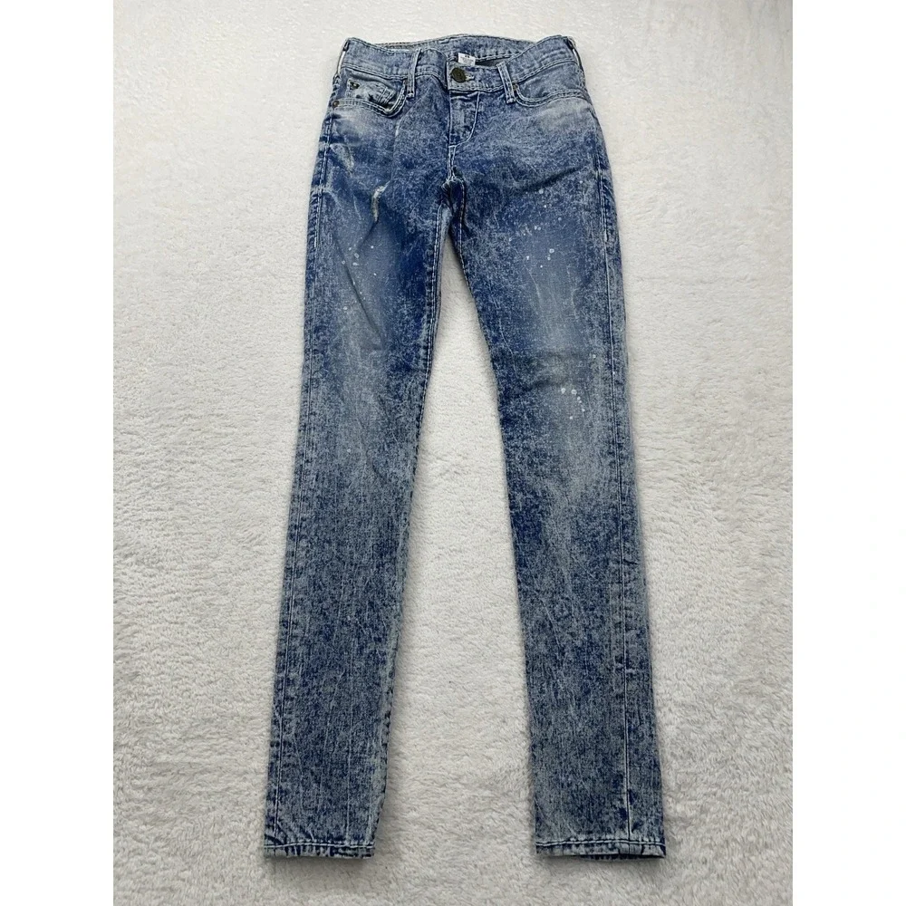 True Religion Jeans Womens‎ 25 Casey Skinny Denim Blue Acid Wash Zip Pants 25x30